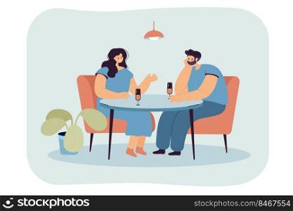 Cartoon husband ignoring wife while sitting at table drinking. Distant aloof lover showing indifference to woman flat vector illustration. Family, cool relationship, communication concept for banner