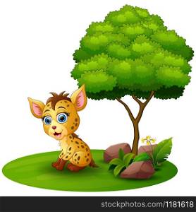 Cartoon hyena under a tree on a white background