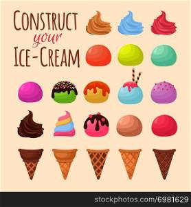 Cartoon ice cream and waffle cone cartoon creation constructor. Cone ice cream food chocolate and vanilla flavor. Vector illustration. Cartoon ice cream and waffle cone cartoon creation constructor