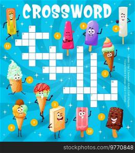 Cartoon ice cream characters crossword worksheet, find a word quiz game. Vector grid with gelato, bar, sandwich, kulfi, soft, popsicle, cone, stick, scoops, sorbet personages, puzzle task for children. Cartoon ice cream characters crossword worksheet