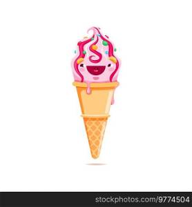 Cartoon ice cream cone character, cute summer food vector personage. Waffle cone with pink swirl of soft serve icecream, strawberry sundae, gelato or frozen yogurt with funny face and happy smile. Cartoon ice cream cone character, cute icecream