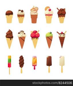 Cartoon ice cream. Cute colorful summer sweet cold dessert of various shapes in cons on sticks with topping and fruits. Vector isolated cold fast food set. Chocolate and vanilla balls in waffle cones. Cartoon ice cream. Cute colorful summer sweet cold dessert of various shapes in cons on sticks with topping and fruits. Vector isolated cold fast food set