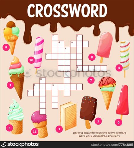 Cartoon ice cream desserts, crossword worksheet, find a word quiz game. Vector search word grid with gelato, bar, sandwich, popsicle, cone, stick, scoops and ice or sorbet, puzzle for kids. Cartoon ice cream desserts, crossword worksheet