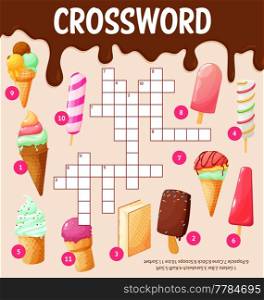Cartoon ice cream desserts, crossword worksheet, find a word quiz game. Vector search word grid with gelato, bar, sandwich, popsicle, cone, stick, scoops and ice or sorbet, puzzle for kids. Cartoon ice cream desserts, crossword worksheet