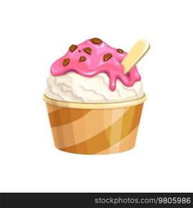 Cartoon ice cream gelateria cafe sundae, cafe or restaurant frozen dessert in waffle cup with wooden scoop or spoon, pink vanilla topping and chocolate chips, isolated vector sweet gelato ice cream. Cartoon ice cream with topping and chocolate chips