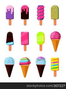 Cartoon ice cream in wafer cone set, ice lolly vector collection isolated on white background. Cartoon ice cream in wafer cone set vector illustration