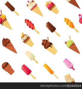 Cartoon ice cream pattern. Seamless print of colorful ice pop sweet cold dessert of different shapes and flavors. Vector summer ice cream texture. Different tastes as pistachio, chocolate and vanilla. Cartoon ice cream pattern. Seamless print of colorful ice pop sweet cold dessert of different shapes and flavors. Vector summer ice cream texture