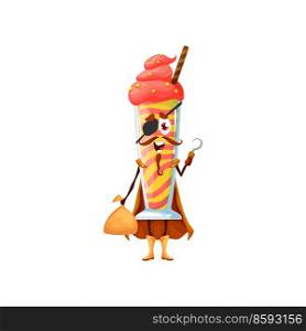 Cartoon ice cream pirate character. Vector sweet dessert in cup corsair food personage for kids menu. Icecream wear cape, hand hook and eye patch holding loot in sack. Funny filibuster cafe dessert. Cartoon ice cream pirate character, sweet dessert
