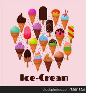 Cartoon ice cream summer dessert vector icons. Food dessert chocolate ice cream, cone sweet vanilla ice-cream illustration. Cartoon ice cream summer dessert vector icons