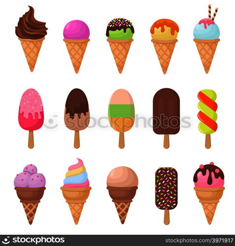 Cartoon ice cream vector set. Chocolate and vanilla ice cream dessert illustration. Cartoon ice cream vector set