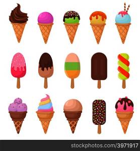 Cartoon ice cream vector set. Chocolate and vanilla ice cream dessert illustration. Cartoon ice cream vector set