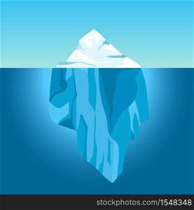 Cartoon iceberg in water. Big iceberg floating in ocean with underwater part. Clear water with ice mountain, global warming vector concept. Antarctic north sea with ice with top above water. Cartoon iceberg in water. Big iceberg floating in ocean with underwater part. Clear water with ice mountain, global warming vector concept