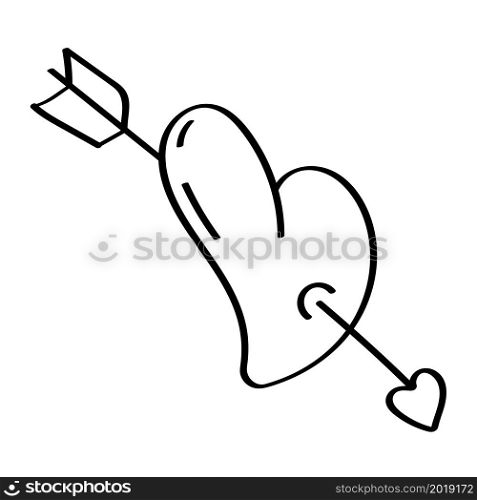 cartoon icon of doodle Arrow pierced heart. Valentines day sivol, heart pierced by an arrow. Vector isolated on white background