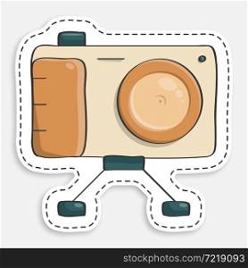 cartoon icon of doodle camera on stand, equipment for photography and selfie. World Photography Day August 19th. Vector isolated on white background