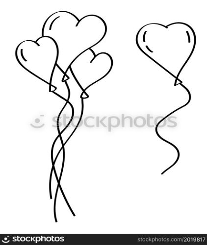 cartoon icon of doodle Garland of balloons theart shaped for valentines day. Simple black and white vector isolated on white background