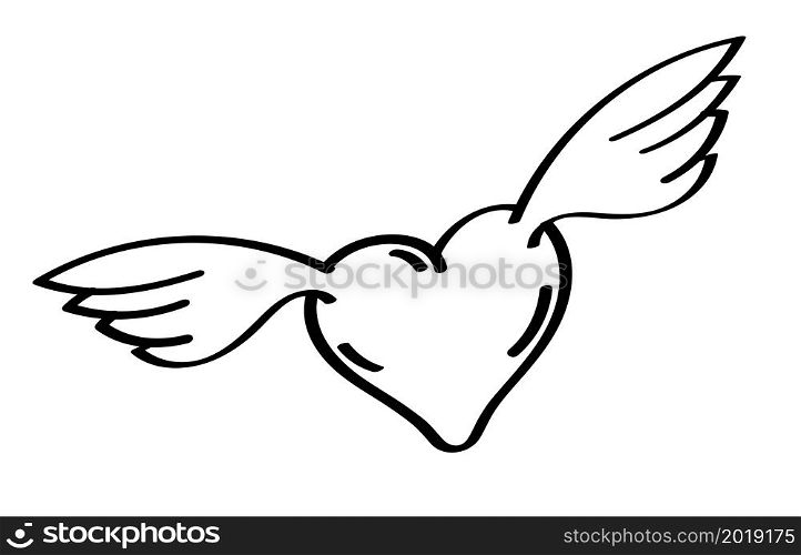 cartoon icon of doodle Inspired heart of human in love. Heart symbol with wings. Vector isolated on white background