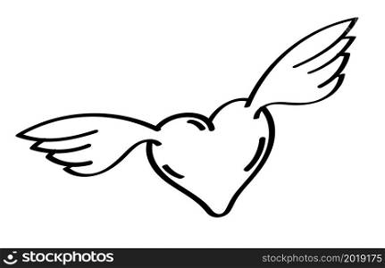 cartoon icon of doodle Inspired heart of human in love. Heart symbol with wings. Vector isolated on white background
