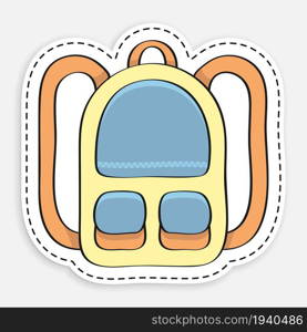 cartoon icon of doodle school backpack sticker in dotted stroke. September 1, beginning of school year. Student Accessories. Vector isolated on white background