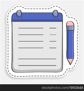 cartoon icon of doodle Tablet with clip for sheet of paper and pen. Tablet for keeping list, list of important things to do. Completing assignments. Vector isolated on white background