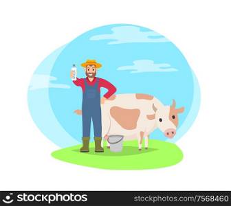 Cartoon icon of farmer with cow on field vector badge isolated on landscape. Smiling man standing with big domestic animal with bottle of milk in hand. Farmer with Cow on Field Cartoon Vector Icon.