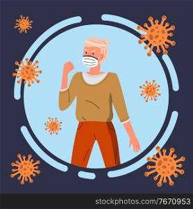 Cartoon icon, portrait of woman in face medical mask isolated in circle, flying virus pathogen around. Blonde female show fight gesture to virus spreading. Cartoon character in flat vector style. Young woman in face medical mask fighting with flying virus pathogen, spreading of dangerous virus