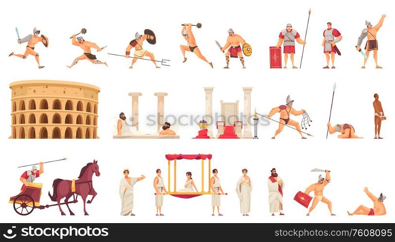 Cartoon icons set with colosseum gladiators and citizens from ancient rome isolated vector illustration