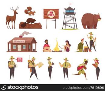 Cartoon icons set with male and female forest rangers wild animals hunters veterinary station building isolated vector illustration. Forest Ranger Cartoon Icons Set