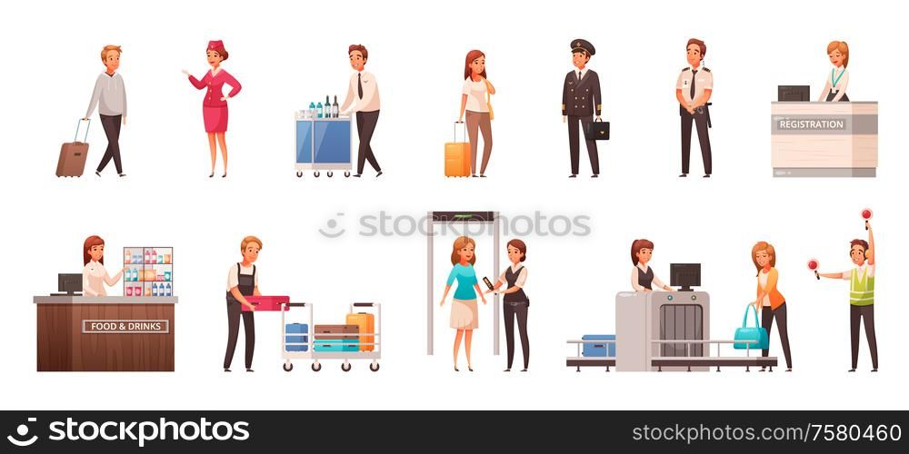 Cartoon icons set with passengers and staff characters in different situations in airport isolated vector illustration
