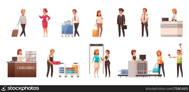 Cartoon icons set with passengers and staff characters in different situations in airport isolated vector illustration
