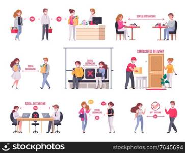 Cartoon icons set with people keeping social distancing in transport shop at work isolated vector illustration