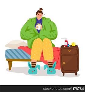 Cartoon ill woman. Sick female person with cold and flu, girl with heat illness, medications and headache vector illustration. Cartoon ill woman