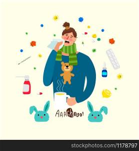Cartoon ill woman. Sick female person with cold and flu, girl with heat illness, medications and headache vector cartoon concept. Cartoon ill woman with pills and scarf