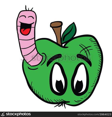 cartoon illustration apple with worm and eyes