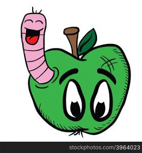 cartoon illustration apple with worm and eyes