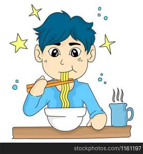 cartoon illustration boy eating noodles