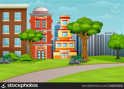Cartoon illustration city houses facades landscape