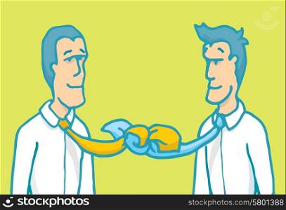 Cartoon illustration concept of business negotiation partners tied by their ties