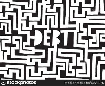Cartoon illustration concept of complex maze with debt word on center