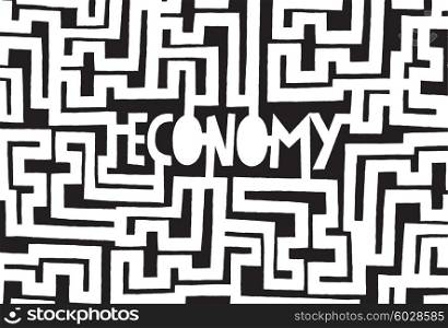 Cartoon illustration concept of complex maze with economy word on center