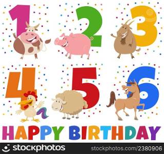 Cartoon illustration design of the birthday greeting cards set for children with cute farm animal characters