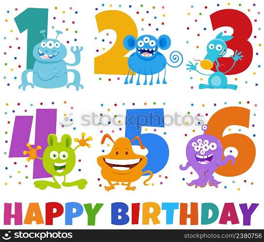 Cartoon illustration design of the birthday greeting cards set for children with cute monster characters