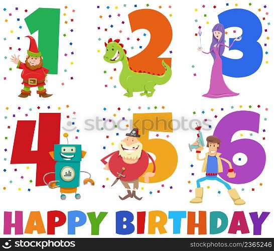 Cartoon illustration design of the birthday greeting cards set for children with fantasy characters