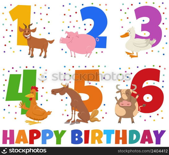 Cartoon illustration design of the birthday greeting cards set for children with farm animal characters