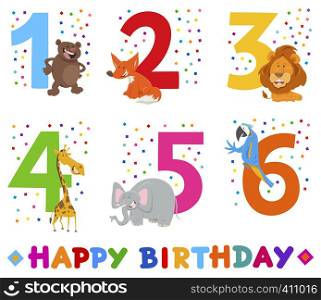 Cartoon Illustration Design of the Birthday Greeting Cards Set for Children with Funny Animals