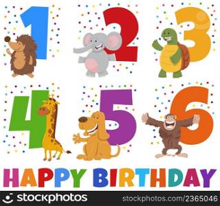 Cartoon illustration Design of the birthday greeting cards set for children with happy animals