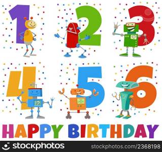 Cartoon illustration design of the birthday greeting cards set for children with robot characters