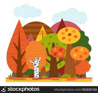 Cartoon illustration for children. Colorful poster about nature. Flat autumn forest with a colored leaves