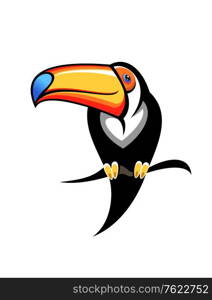 Cartoon illustration for kids of a colourful toucan with a big orange and blue bill perched on a branch, design element on white