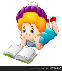 Cartoon illustration happy girl reading book