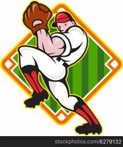 Cartoon illustration of a baseball player pitcher pitching ball facing front with diamond field in background.&#xA;